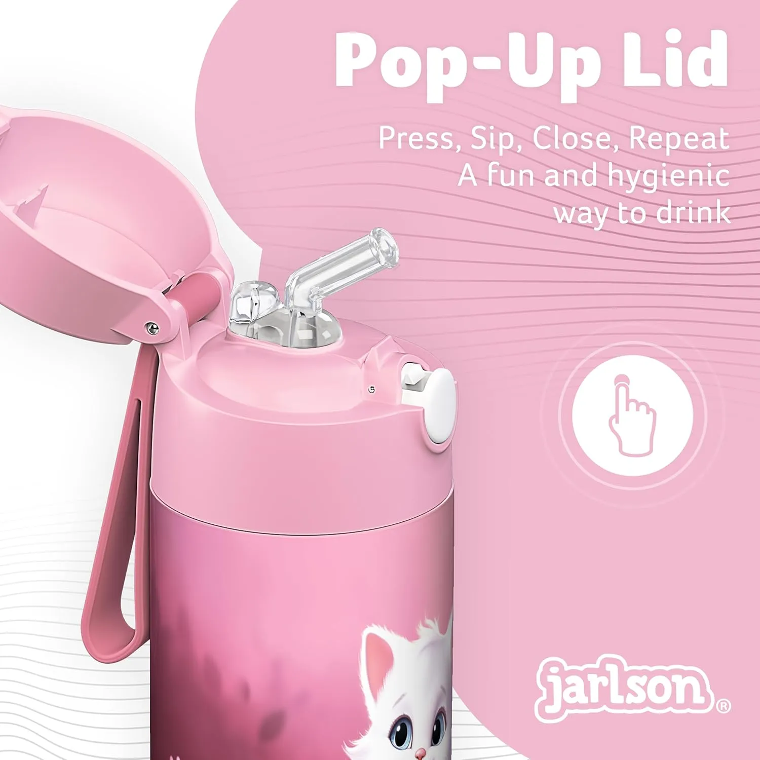 Jarlson® Charli Children's Stainless Steel Drinking Bottle with Straw - Thermos Flask 350 ml - TÜV Tested - BPA Free - Leak-Proof - Thermal Water Bottle for School, Nursery (Cat 'Neo')