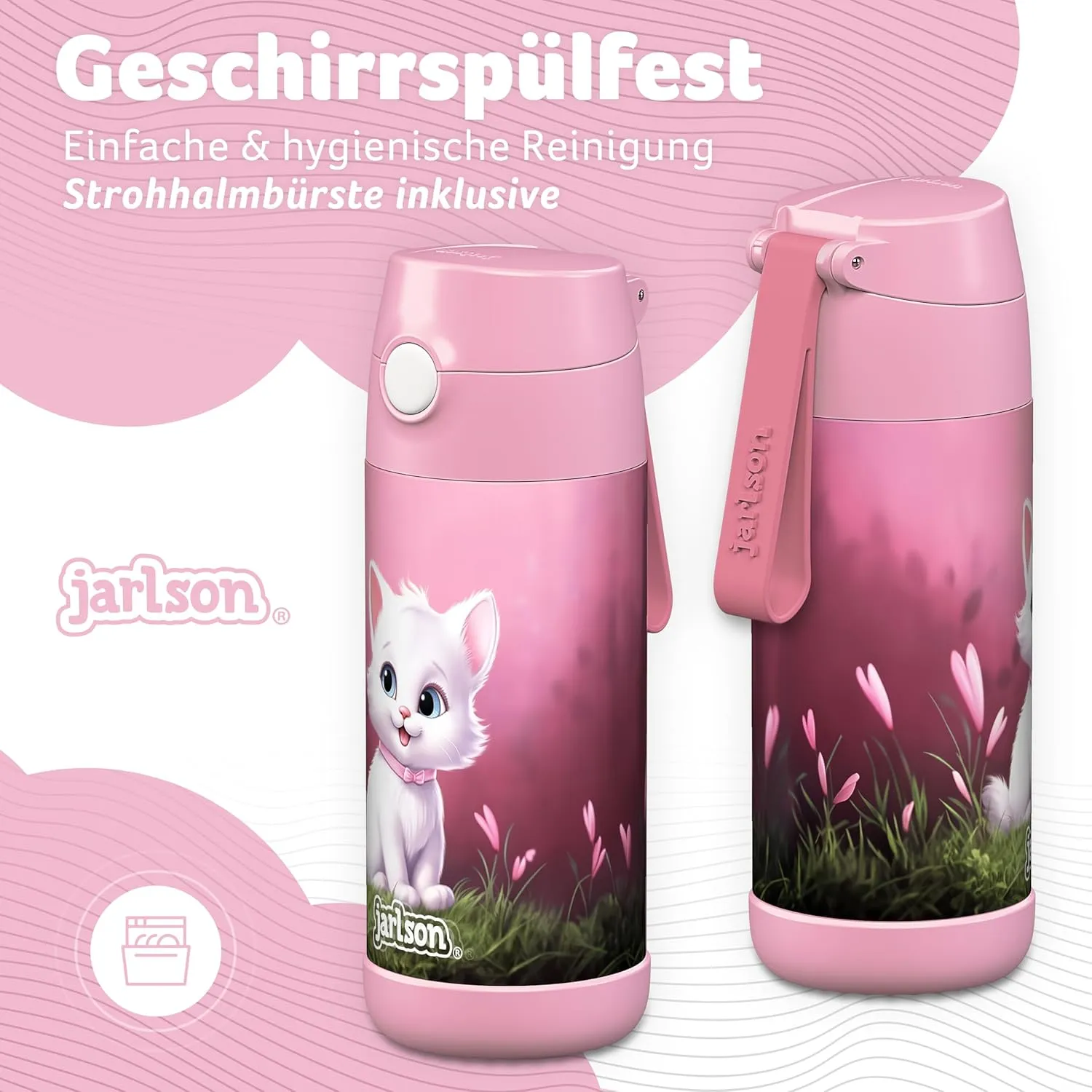 Jarlson® Charli Children's Stainless Steel Drinking Bottle with Straw - Thermos Flask 350 ml - TÜV Tested - BPA Free - Leak-Proof - Thermal Water Bottle for School, Nursery (Cat 'Neo')