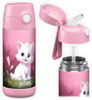 Jarlson® Charli Children's Stainless Steel Drinking Bottle with Straw - Thermos Flask 350 ml - TÜV Tested - BPA Free - Leak-Proof - Thermal Water Bottle for School, Nursery (Cat 'Neo')