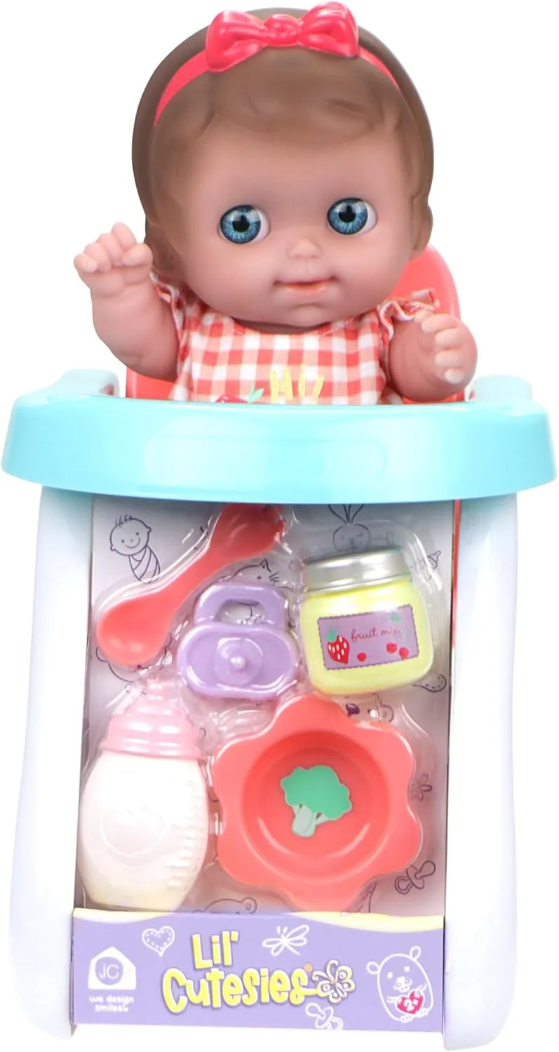 JC Toys Lil Cutesies 9" All Vinyl Baby Doll Feeding Time Gift Set| Posable and Washable | Removable Outfit | High Chair and Feeding Accessories Ages 2 