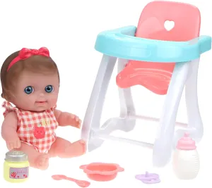 JC Toys Lil Cutesies 9" All Vinyl Baby Doll Feeding Time Gift Set| Posable and Washable | Removable Outfit | High Chair and Feeding Accessories Ages 2 