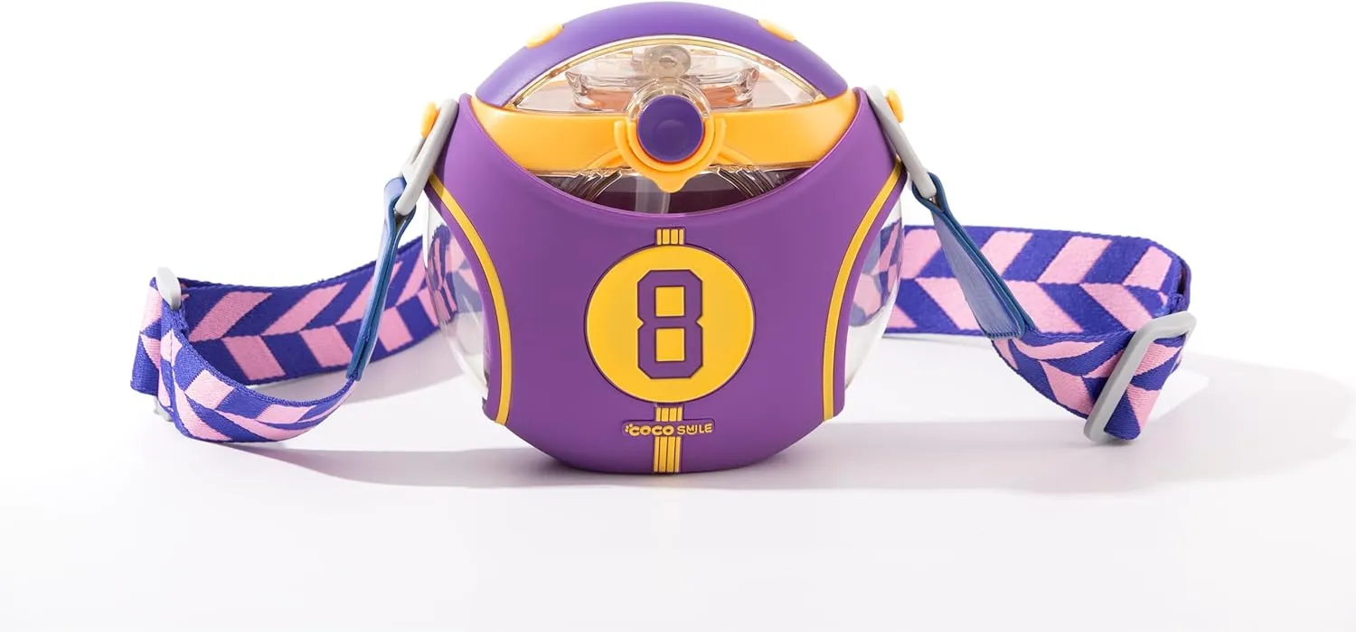 Jersey Round Kids Water Bottle with Removable Sleeve - Easy Open Button, Carrying Lanyard - Tritan Plastic Water Bottle Ideal for School Boys Girls, BPA Free Kids Cup (With Straw)