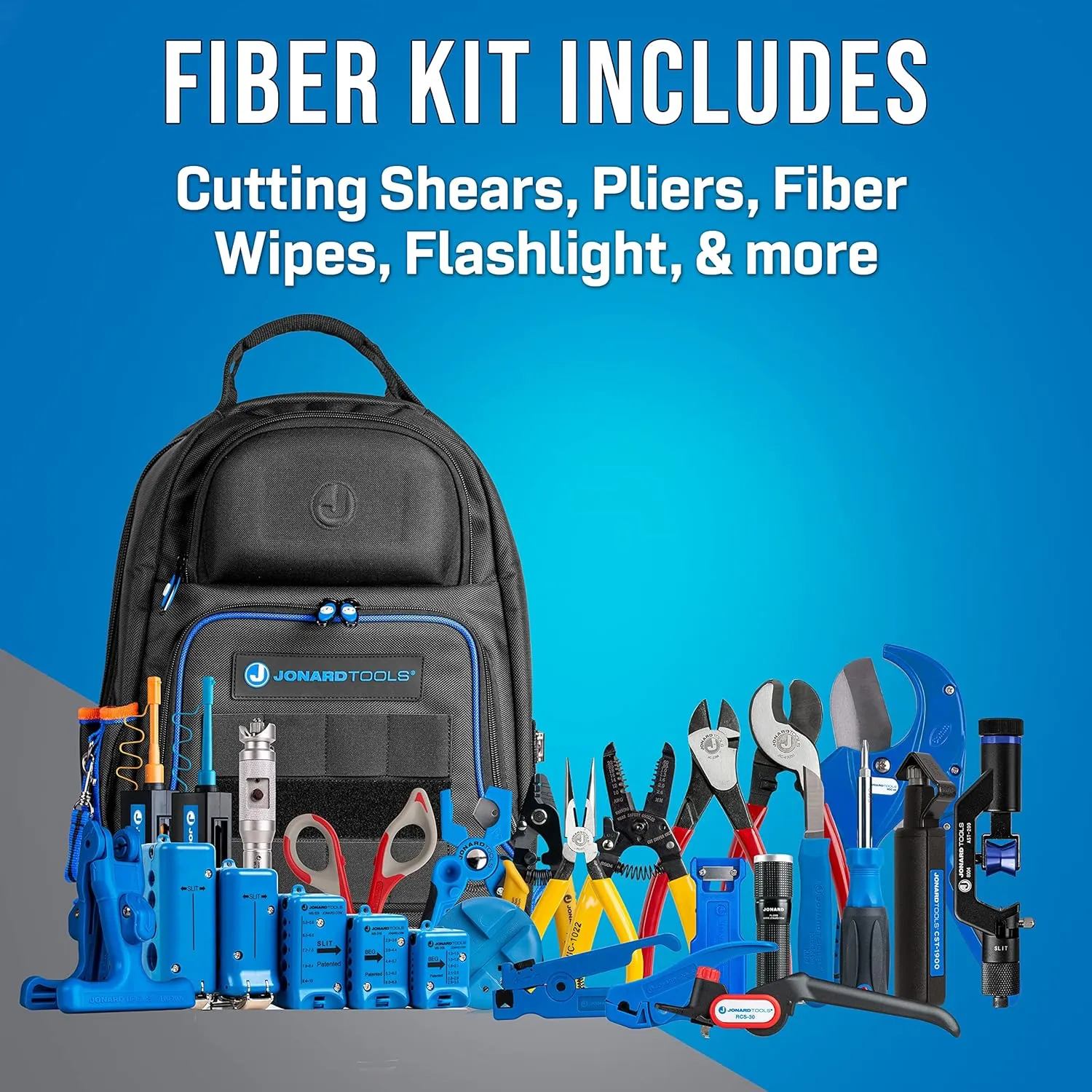 Jonard Tools TK-199B Ultimate Fiber Prep Backpack Kit – Complete 28 Piece Fiber Optic Cable Access and Termination Solution with Rugged Technicians Tool Backpack
