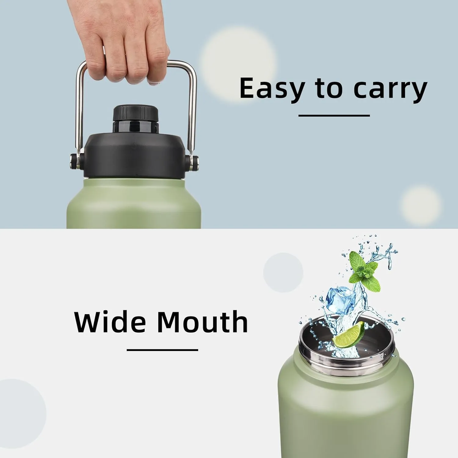 Jug with Handle,87 oz Insulated Water Bottle with Carrying Pouch, Double Wall Vacuum Stainless Steel Metal Bottle,Camp Green
