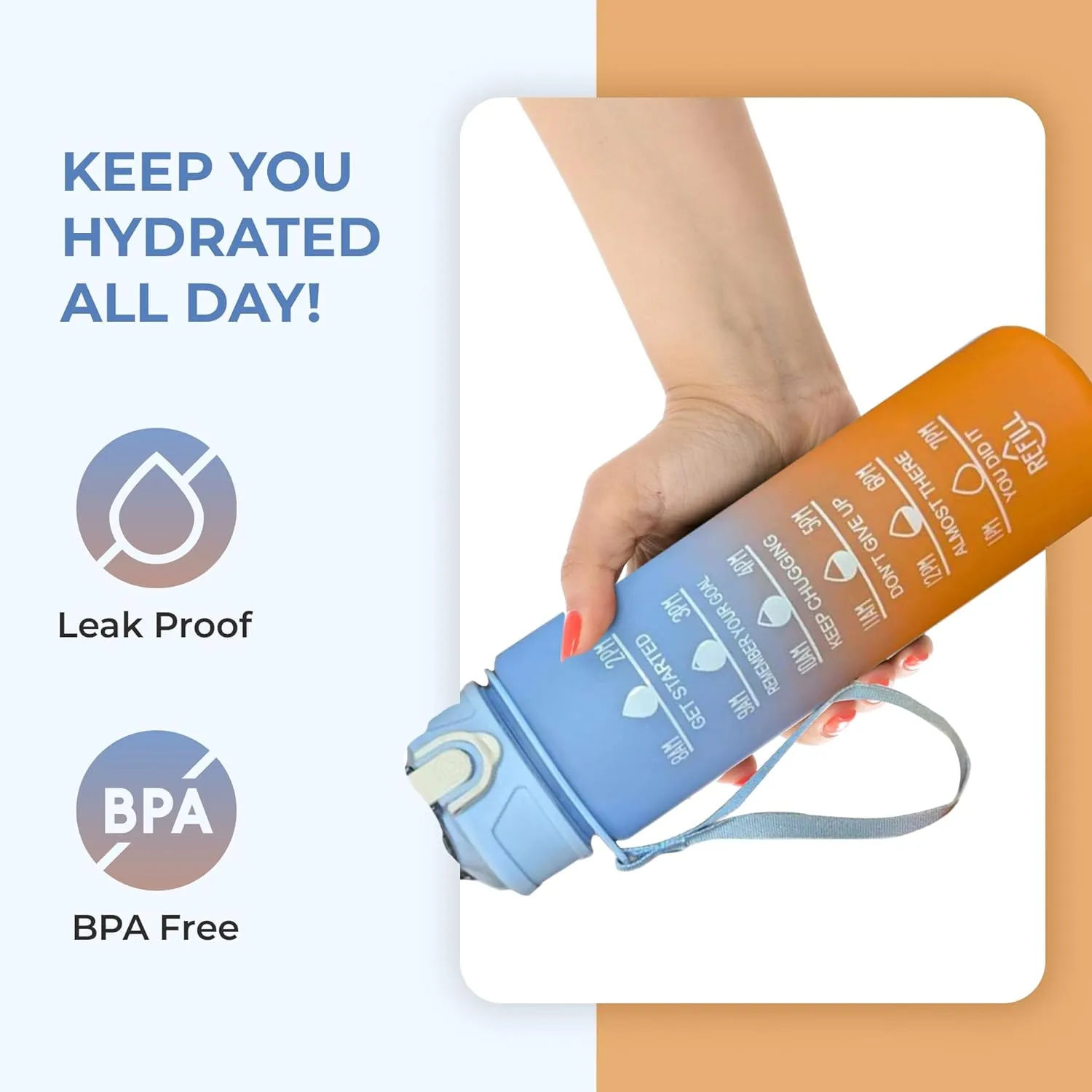 K&S Classics Motivational Water Bottle Set – BPA-Free, Leak-Proof, Time Marker, Large Capacity, Flip-Top Sports Bottle for Gym, Office, Outdoors & Daily Hydration (Pack of 3) (Orange to Blue fade)