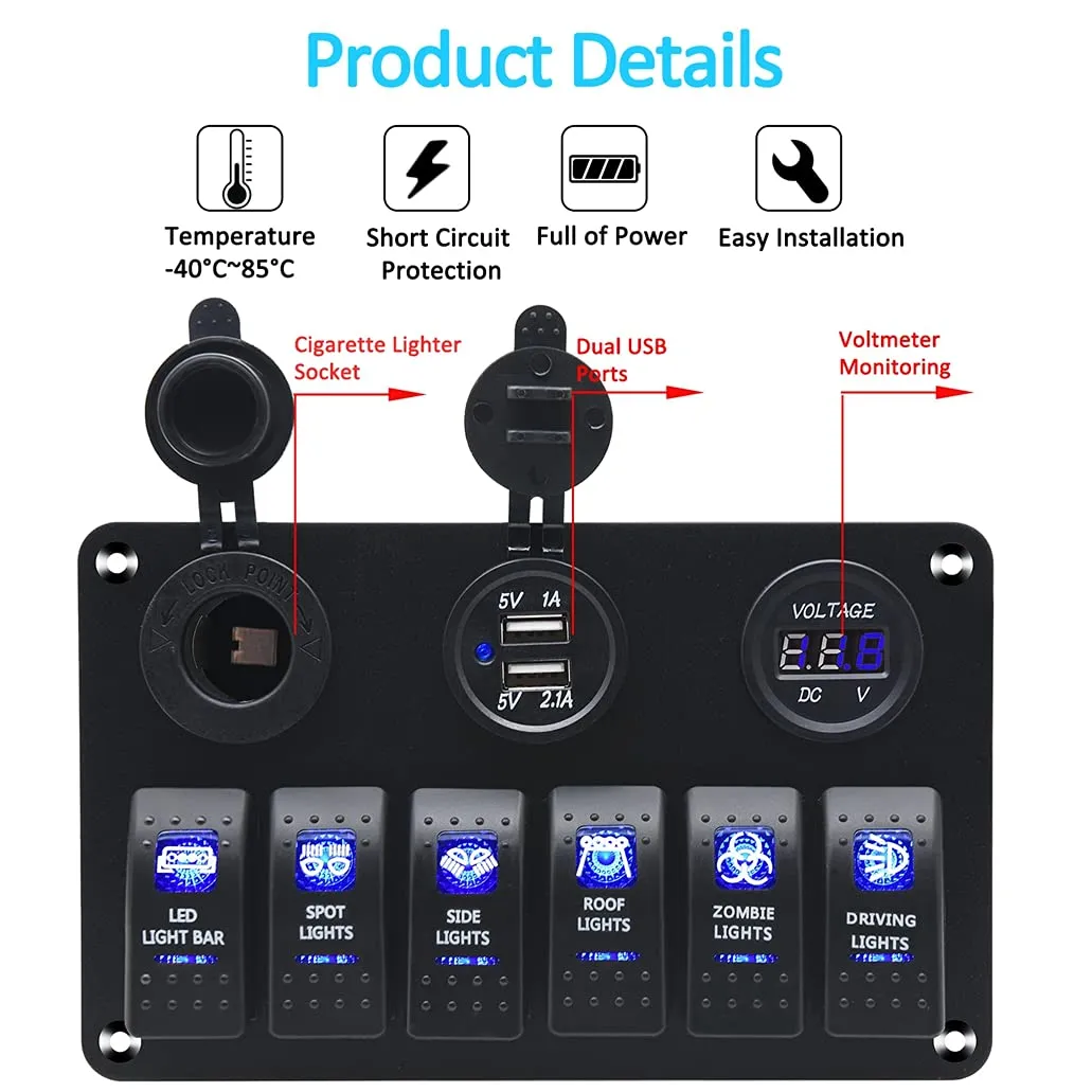 KAOLALI 6 Gang Rocker Switch Panel, 12V Marine Boat Waterproof Toggle Switch Panel with LED Light &USB Cigarette Lighter Socket Voltmeter for Car Truck RV UTV ATVs (Blue)