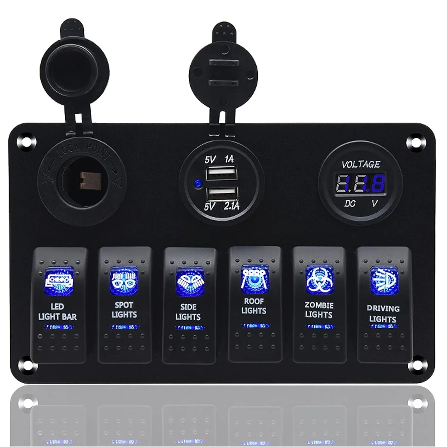 KAOLALI 6 Gang Rocker Switch Panel, 12V Marine Boat Waterproof Toggle Switch Panel with LED Light &USB Cigarette Lighter Socket Voltmeter for Car Truck RV UTV ATVs (Blue)