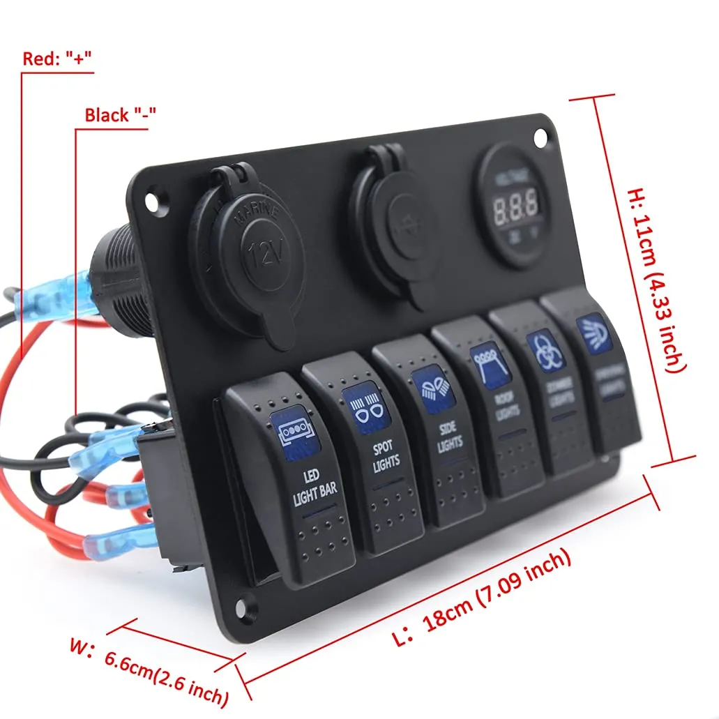 KAOLALI 6 Gang Rocker Switch Panel, 12V Marine Boat Waterproof Toggle Switch Panel with LED Light &USB Cigarette Lighter Socket Voltmeter for Car Truck RV UTV ATVs (Blue)