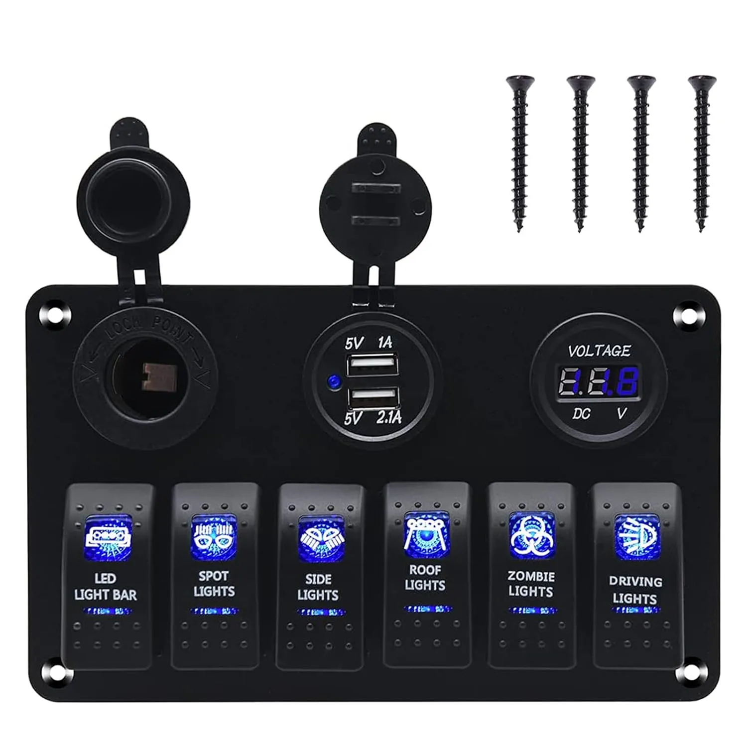 KAOLALI 6 Gang Rocker Switch Panel, 12V Marine Boat Waterproof Toggle Switch Panel with LED Light &USB Cigarette Lighter Socket Voltmeter for Car Truck RV UTV ATVs (Blue)