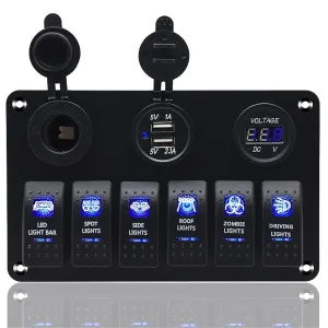 KAOLALI 6 Gang Rocker Switch Panel, 12V Marine Boat Waterproof Toggle Switch Panel with LED Light &USB Cigarette Lighter Socket Voltmeter for Car Truck RV UTV ATVs (Blue)