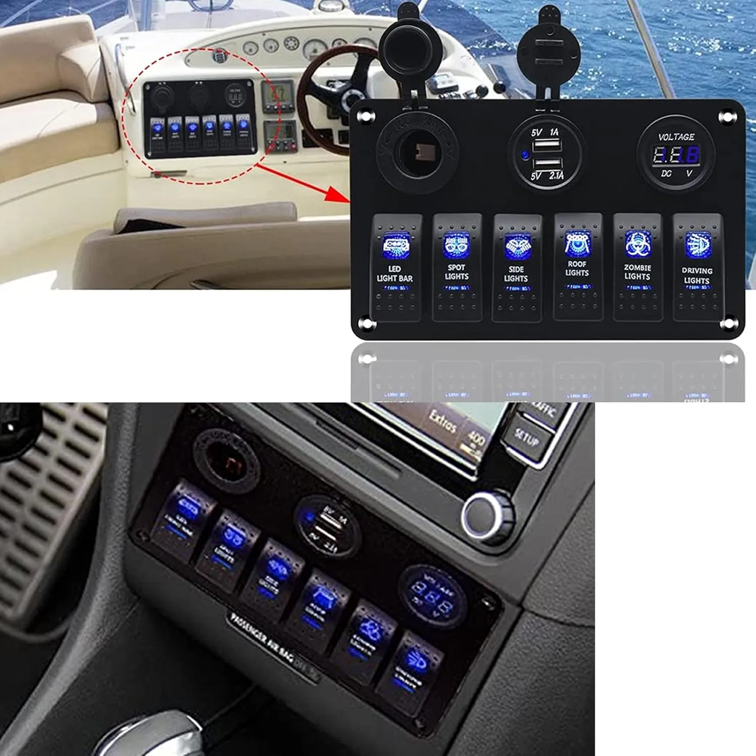 KAOLALI 6 Gang Rocker Switch Panel, 12V Marine Boat Waterproof Toggle Switch Panel with LED Light &USB Cigarette Lighter Socket Voltmeter for Car Truck RV UTV ATVs (Blue)