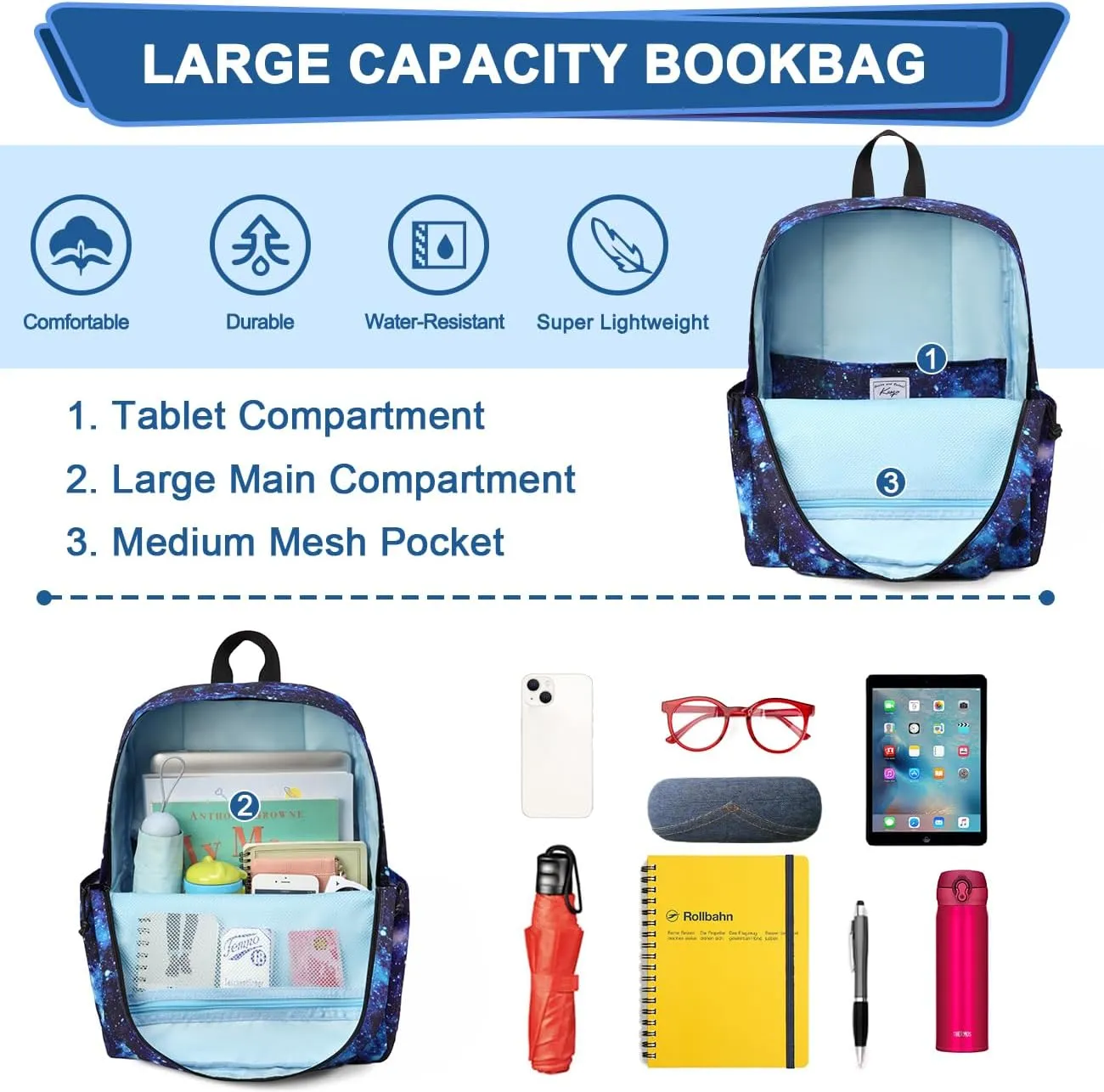 Kasqo Backpack for Women Men,Classic Lightweight Water-Resistant Bookbag for Teen Girls Boys,Travel School Casual Daypack