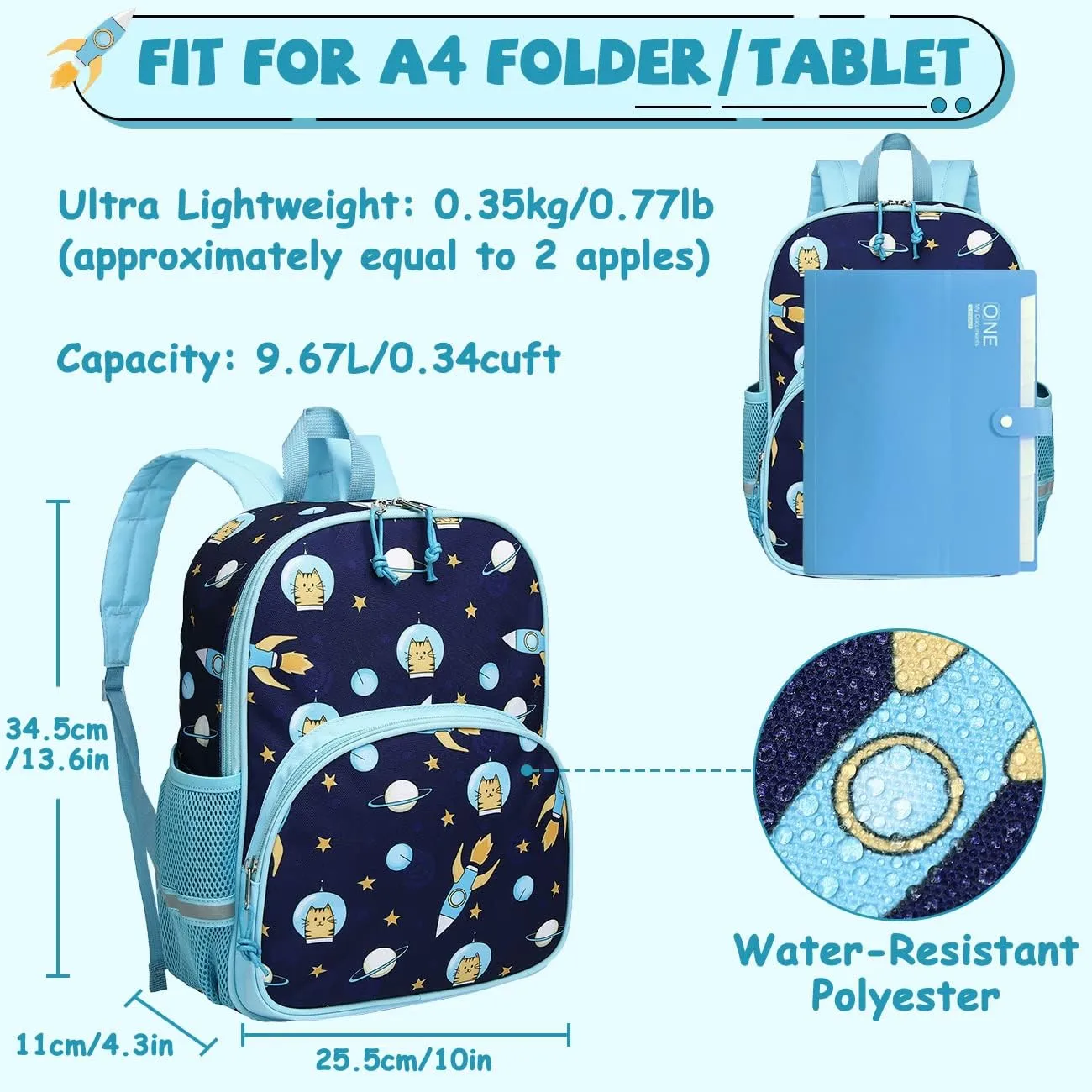 Kasqo Toddler Backpack, Water Resistant Preschool Kids Bookbag Kindergarten Daycare Schoolbag for Boys and Girls 3-6 Years,Blue Astronaut