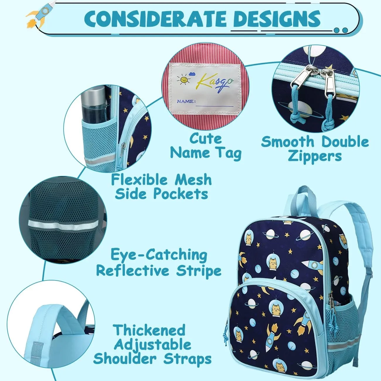 Kasqo Toddler Backpack, Water Resistant Preschool Kids Bookbag Kindergarten Daycare Schoolbag for Boys and Girls 3-6 Years,Blue Astronaut