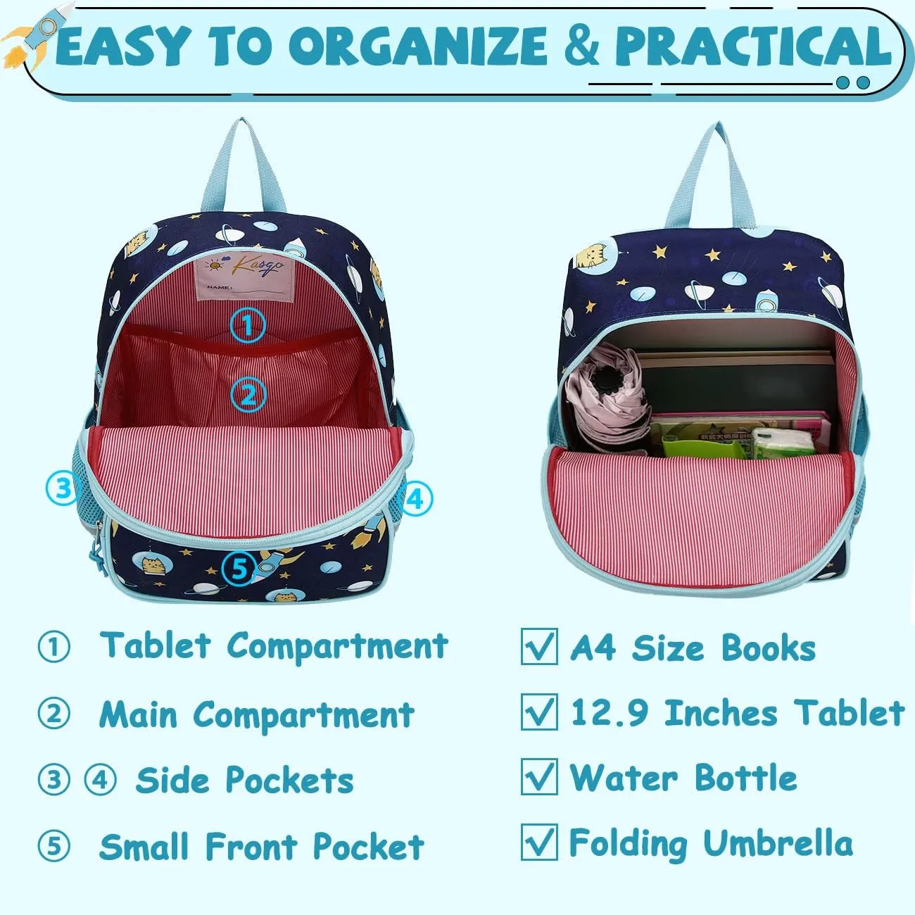 Kasqo Toddler Backpack, Water Resistant Preschool Kids Bookbag Kindergarten Daycare Schoolbag for Boys and Girls 3-6 Years,Blue Astronaut