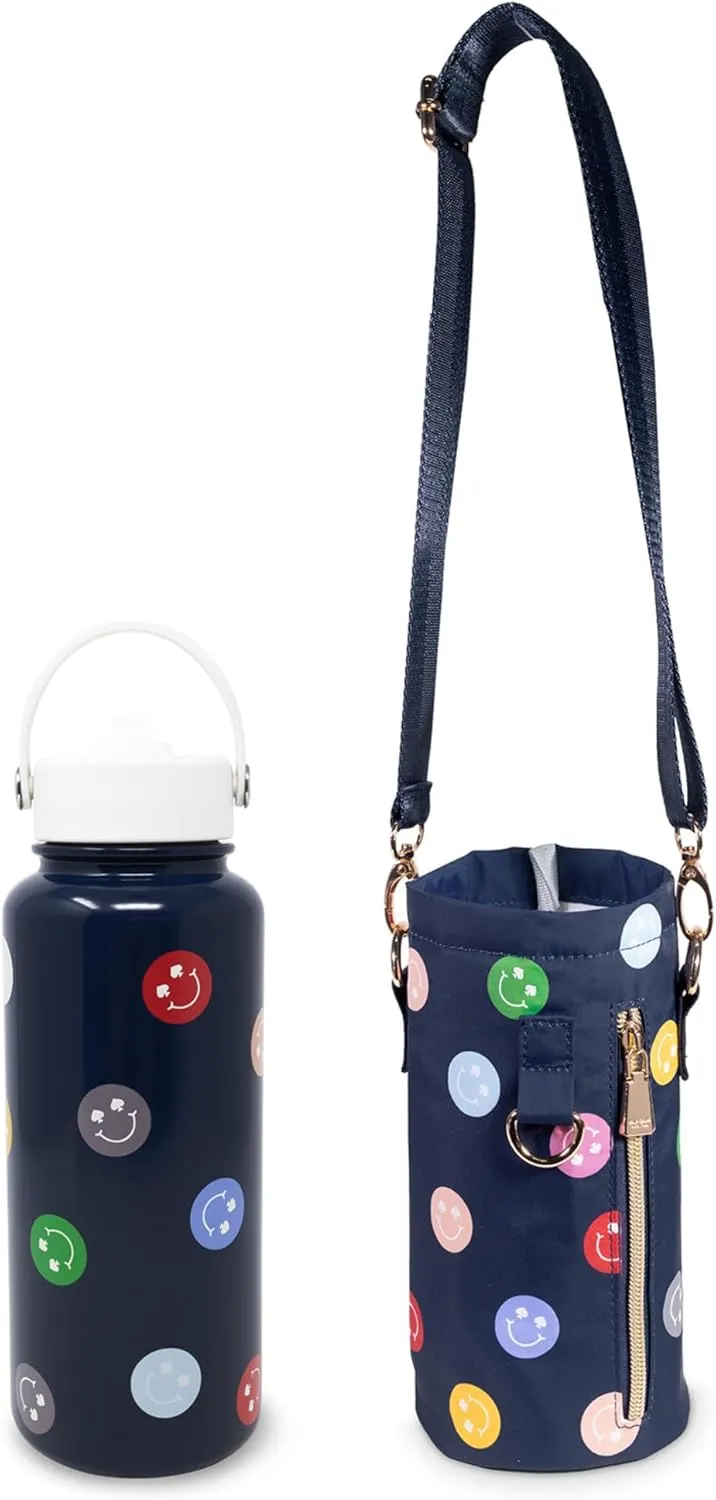 kate spade new york Large Insulated Stainless Steel Water Bottle with Holder, 33 Ounce Metal Water Bottle and Sling, Double Wall Travel Tumbler with Lid, Spade Smiley