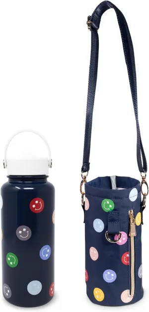 kate spade new york Large Insulated Stainless Steel Water Bottle with Holder, 33 Ounce Metal Water Bottle and Sling, Double Wall Travel Tumbler with Lid, Spade Smiley
