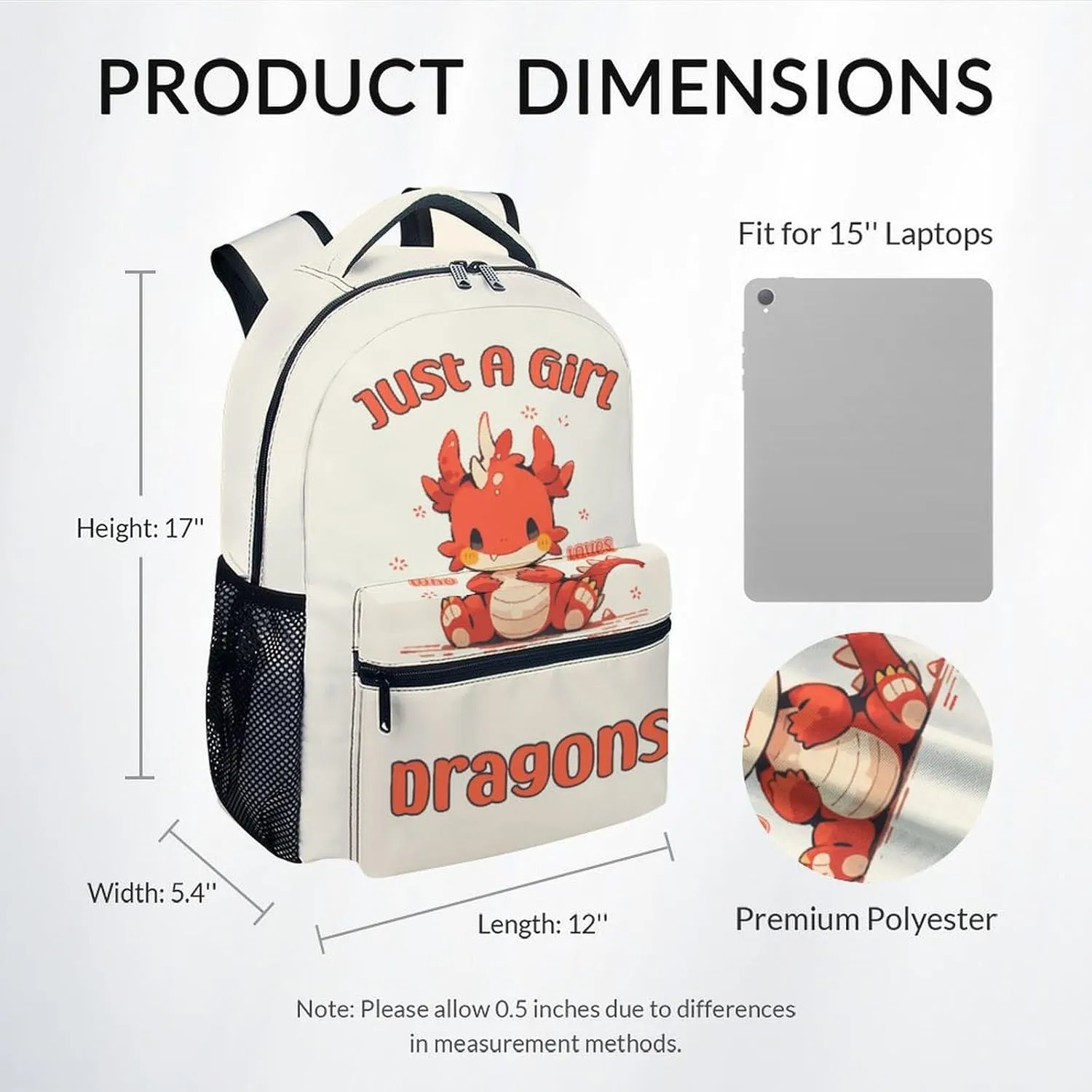 Kid Backpack for Girls - 17 Inch Light Yellow Durable Dragon Bookbag for School, Travel and Camp - Aesthetic School Backpack with Large Capacity, lightweight