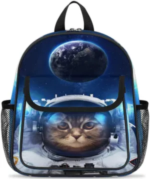 Kids Backpack Astronaut Cat Bookbag Toddler Backpack Outer Space Kitty Universe Planet Preschool Bag with Adjustable Chest Strap for Boys Girls