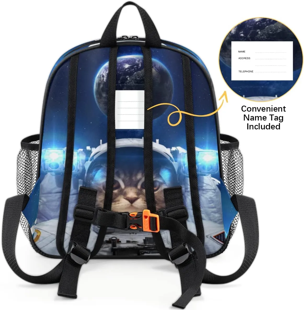 Kids Backpack Astronaut Cat Bookbag Toddler Backpack Outer Space Kitty Universe Planet Preschool Bag with Adjustable Chest Strap for Boys Girls