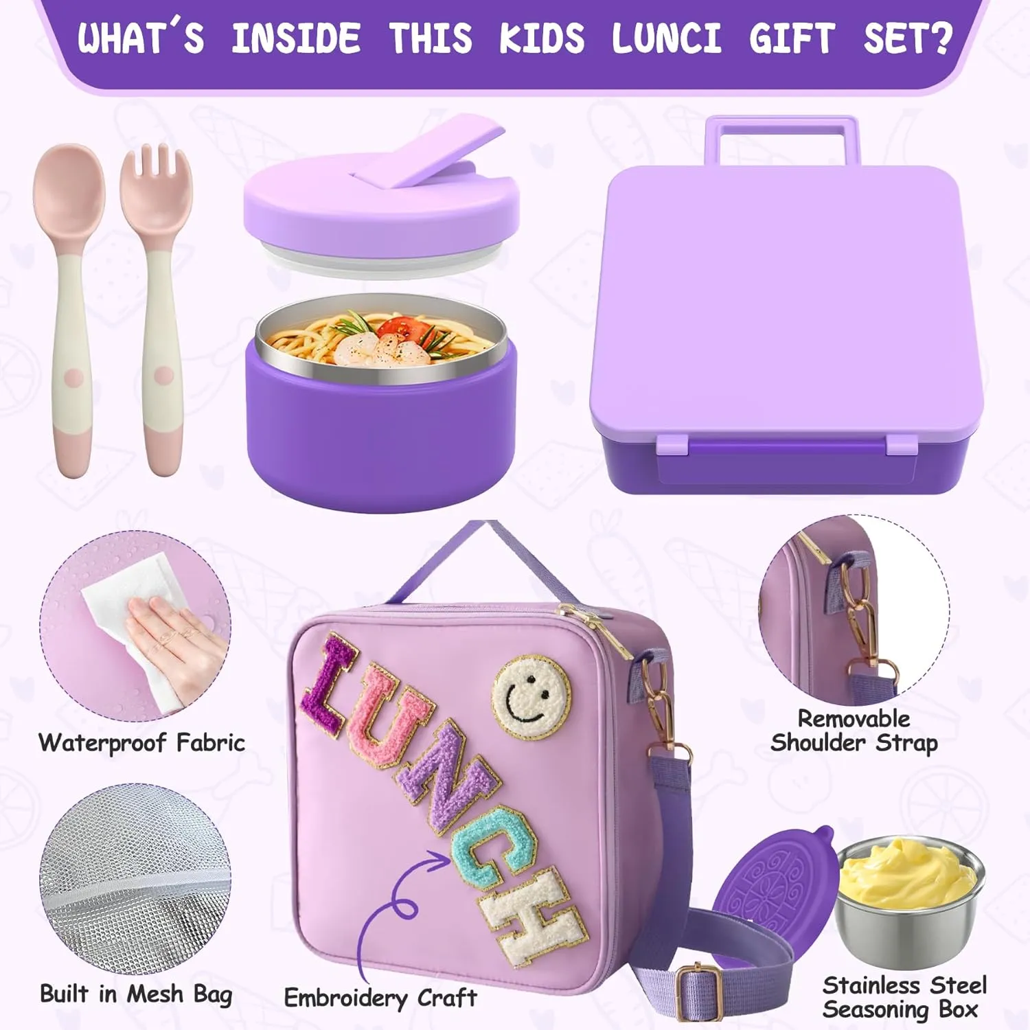 Kids Bento Lunch Box with 8oz Soup Thermo, Kids Leakproof Lunch Food Containers with 4 Compartment,Insulated Hot Food Jar with Lunch Bag for School, Trvael (Purple)
