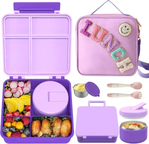 Kids Bento Lunch Box with 8oz Soup Thermo, Kids Leakproof Lunch Food Containers with 4 Compartment,Insulated Hot Food Jar with Lunch Bag for School, Trvael (Purple)