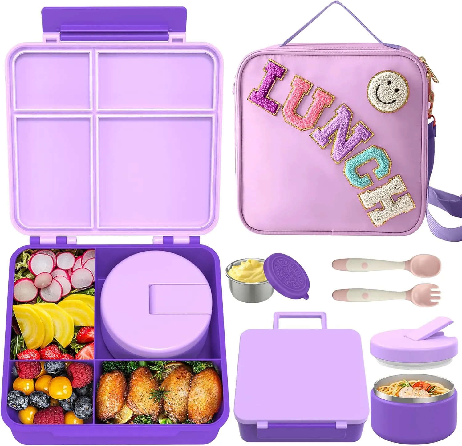 Kids Bento Lunch Box with 8oz Soup Thermo, Kids Leakproof Lunch Food Containers with 4 Compartment,Insulated Hot Food Jar with Lunch Bag for School, Trvael (Purple)