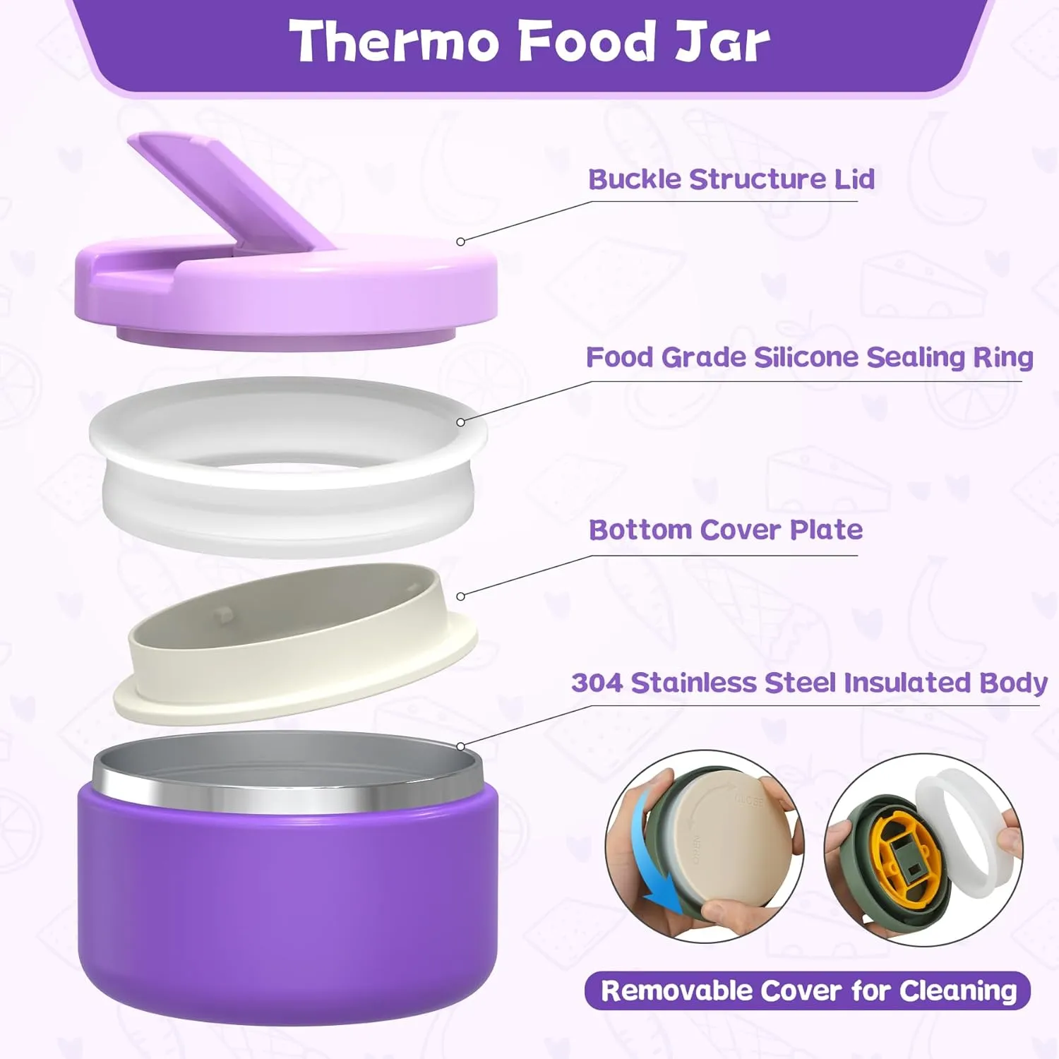 Kids Bento Lunch Box with 8oz Soup Thermo, Kids Leakproof Lunch Food Containers with 4 Compartment,Insulated Hot Food Jar with Lunch Bag for School, Trvael (Purple)