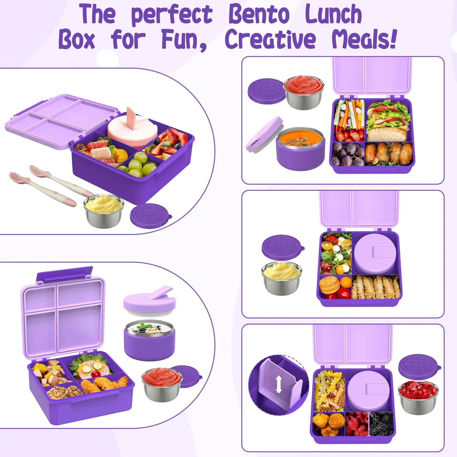 Kids Bento Lunch Box with 8oz Soup Thermo, Kids Leakproof Lunch Food Containers with 4 Compartment,Insulated Hot Food Jar with Lunch Bag for School, Trvael (Purple)