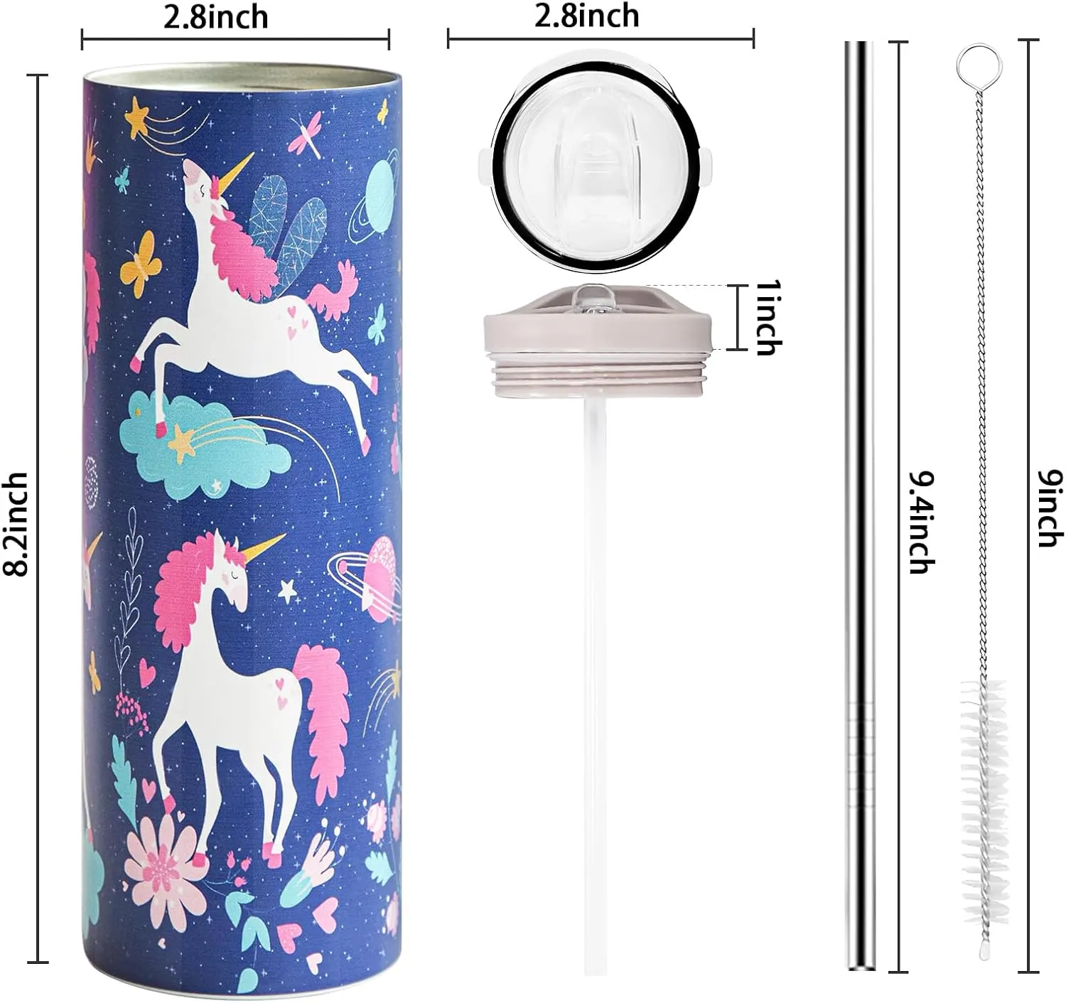 Kids Insulated Water Bottle, 20 oz Skinny Tumbler Travel Mug Double Wall Vacuum Leakproof Stainless Steel Drinking Bottle w Flip Straw, Unicorn Gifts for Girls Boys Birthday, 2 Lids, Dark Unicorn