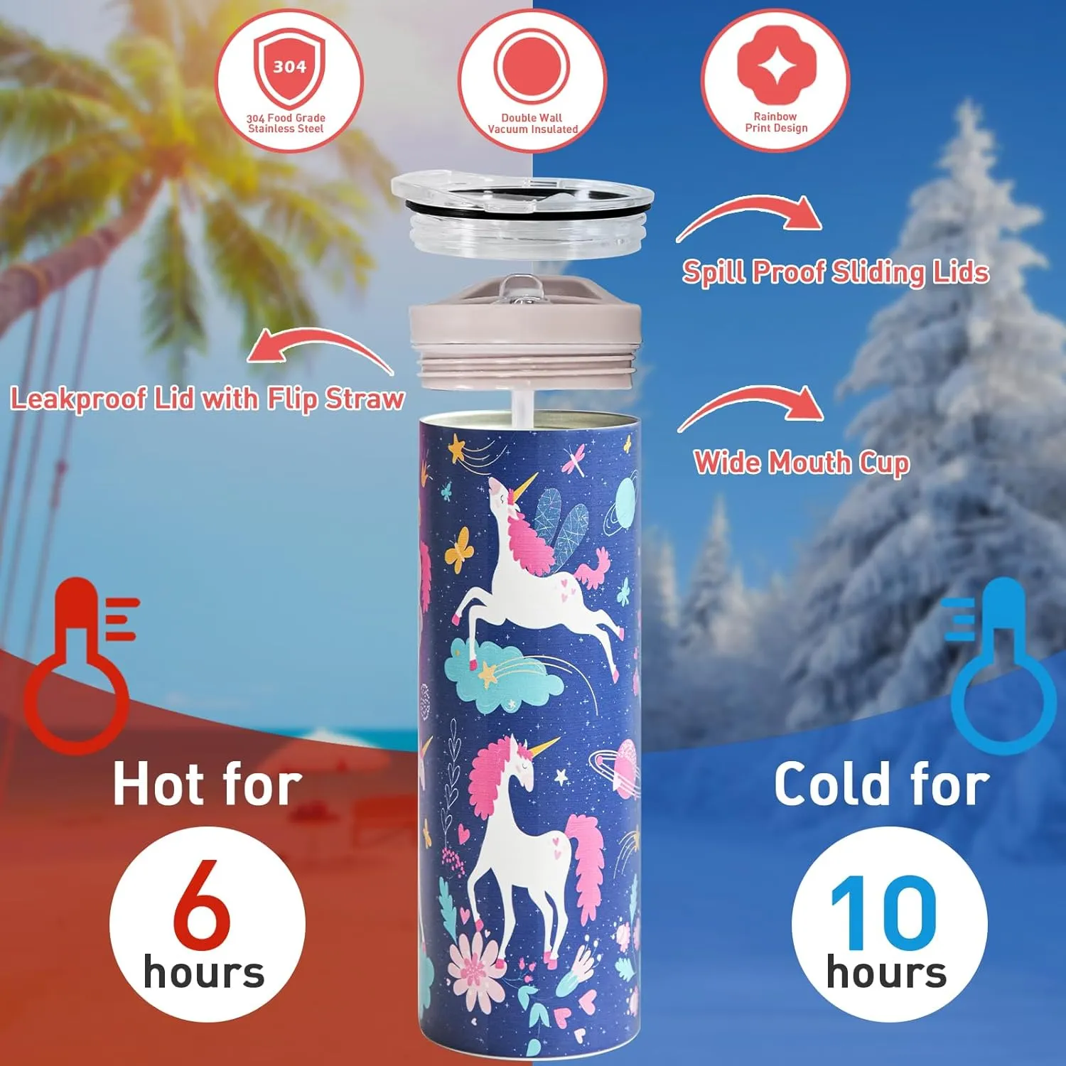 Kids Insulated Water Bottle, 20 oz Skinny Tumbler Travel Mug Double Wall Vacuum Leakproof Stainless Steel Drinking Bottle w Flip Straw, Unicorn Gifts for Girls Boys Birthday, 2 Lids, Dark Unicorn