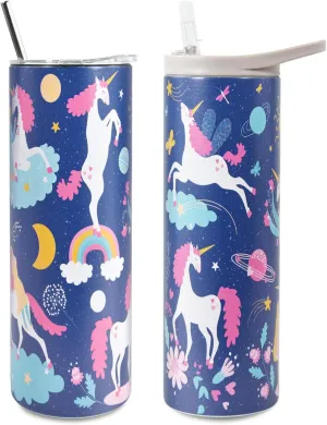 Kids Insulated Water Bottle, 20 oz Skinny Tumbler Travel Mug Double Wall Vacuum Leakproof Stainless Steel Drinking Bottle w Flip Straw, Unicorn Gifts for Girls Boys Birthday, 2 Lids, Dark Unicorn