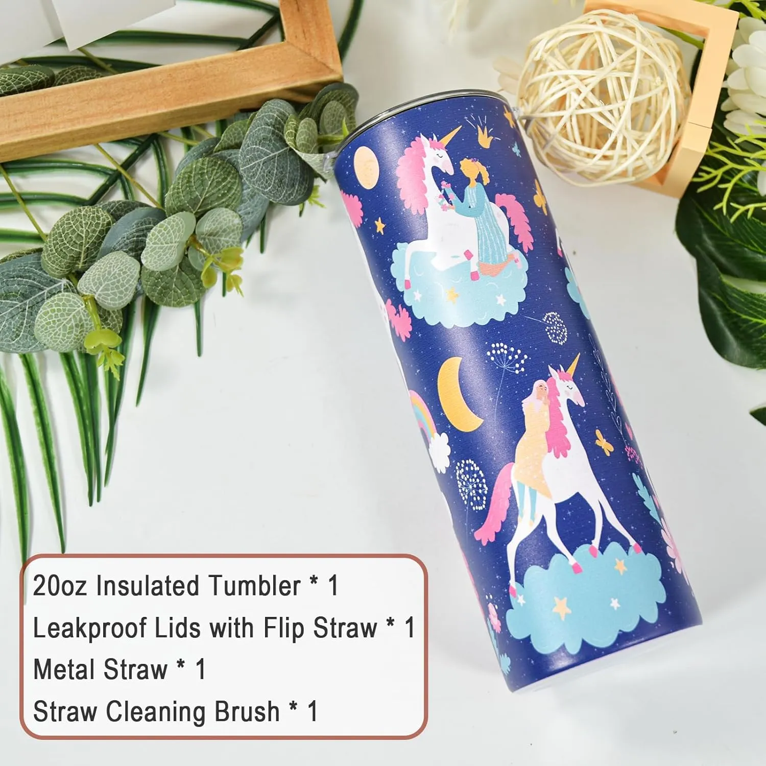 Kids Insulated Water Bottle, 20 oz Skinny Tumbler Travel Mug Double Wall Vacuum Leakproof Stainless Steel Drinking Bottle w Flip Straw, Unicorn Gifts for Girls Boys Birthday, 2 Lids, Dark Unicorn