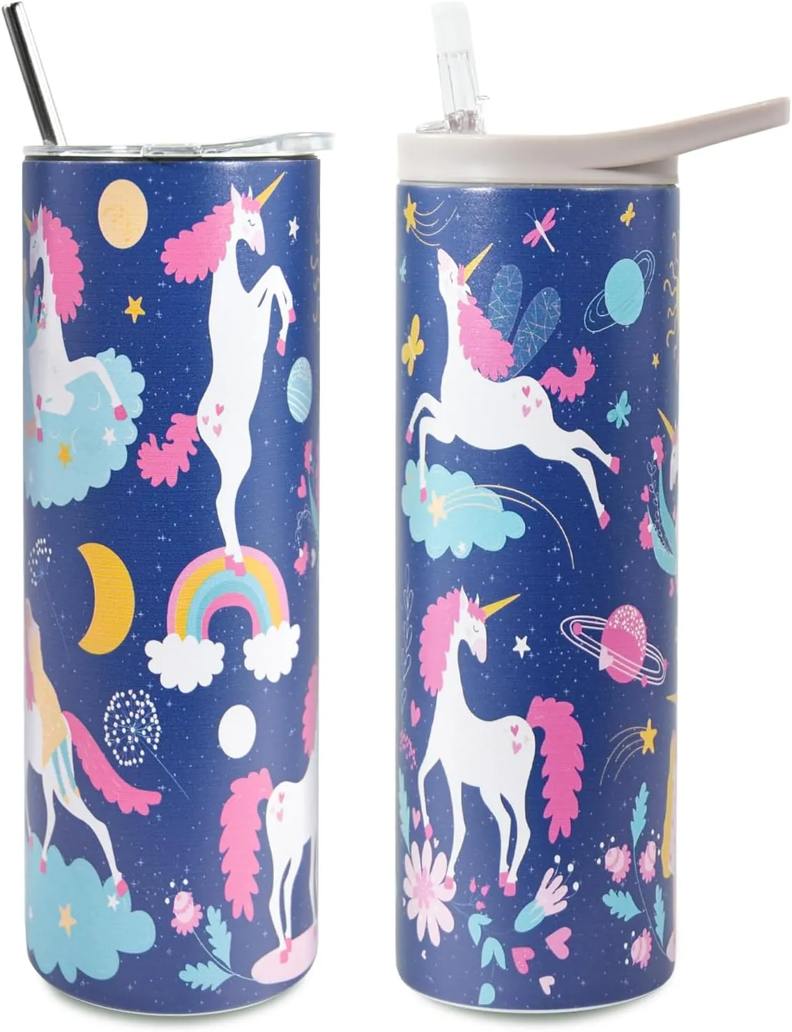 Kids Insulated Water Bottle, 20 oz Skinny Tumbler Travel Mug Double Wall Vacuum Leakproof Stainless Steel Drinking Bottle w Flip Straw, Unicorn Gifts for Girls Boys Birthday, 2 Lids, Dark Unicorn