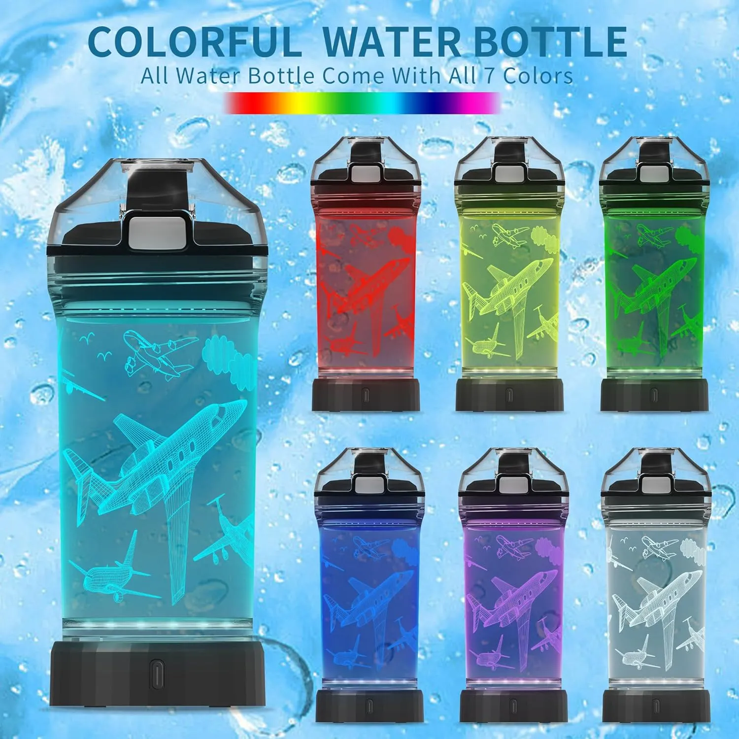 Kids Water Bottle, Airplane-themed Light-Up Sport Cup with 3D Glowing LED Airplane Light – 14 OZ Tritan BPA-Free - Gifts for School, Camping, and Holidays (Airplane)…
