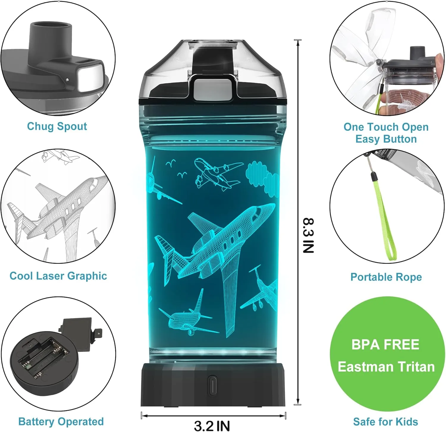 Kids Water Bottle, Airplane-themed Light-Up Sport Cup with 3D Glowing LED Airplane Light – 14 OZ Tritan BPA-Free - Gifts for School, Camping, and Holidays (Airplane)…