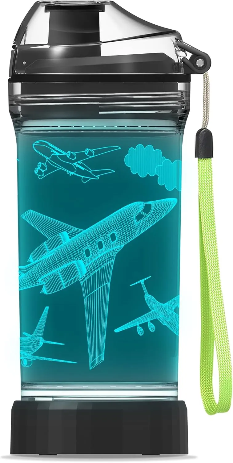 Kids Water Bottle, Airplane-themed Light-Up Sport Cup with 3D Glowing LED Airplane Light – 14 OZ Tritan BPA-Free - Gifts for School, Camping, and Holidays (Airplane)…
