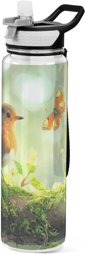 Kigai Transparent Sports Water Bottle 32oz, Bird Leakproof Wide Mouth Water Bottle with Straw, BPA Free Water Jug with Detachable Strap & Handle for Fitness Gym Outdoor