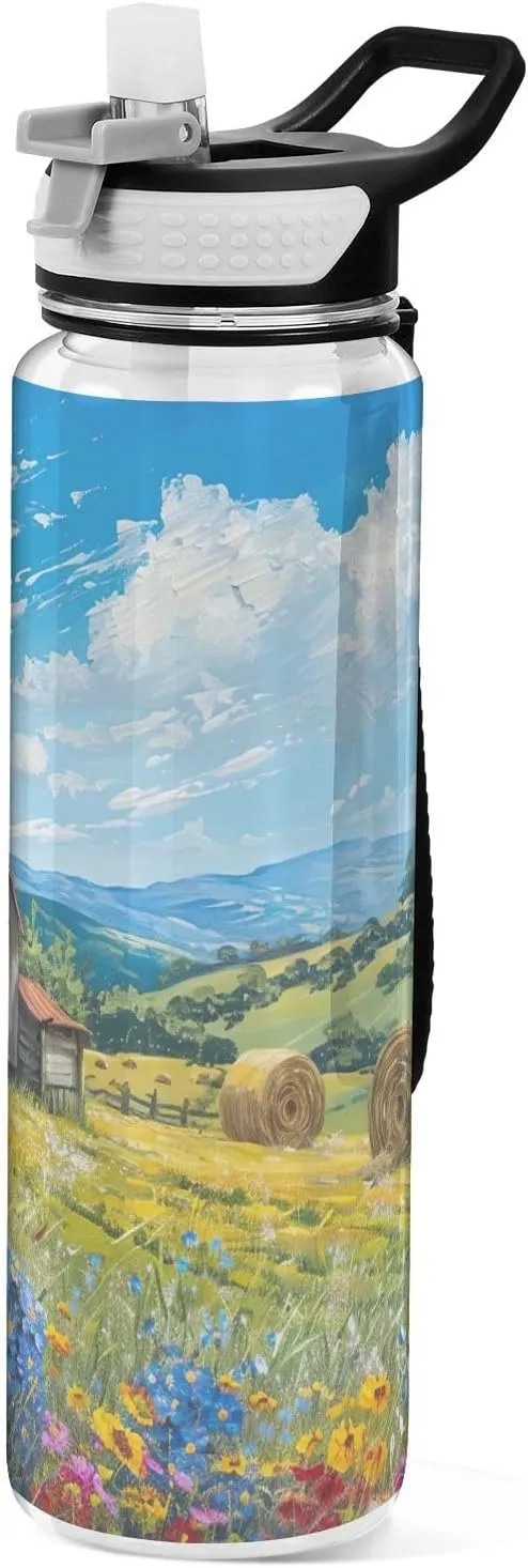 Kigai Transparent Sports Water Bottle 32oz, Country House Leakproof Wide Mouth Water Bottle with Straw, BPA Free Water Jug with Detachable Strap & Handle for Fitness Gym Outdoor