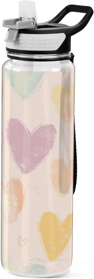 Kigai Transparent Sports Water Bottle 32oz, Cute Hearts Leakproof Wide Mouth Water Bottle with Straw, BPA Free Water Jug with Detachable Strap & Handle for Fitness Gym Outdoor