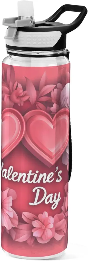Kigai Transparent Sports Water Bottle 32oz, Pink Hearts Leakproof Wide Mouth Water Bottle with Straw, BPA Free Water Jug with Detachable Strap & Handle for Fitness Gym Outdoor