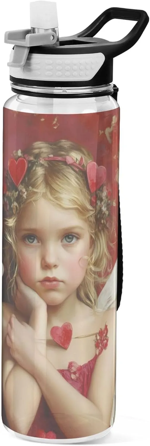 Kigai Transparent Sports Water Bottle 32oz, Valentine Cupid Heart Leakproof Wide Mouth Water Bottle with Straw, BPA Free Water Jug with Detachable Strap & Handle for Fitness Gym Outdoor