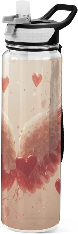 Kigai Transparent Sports Water Bottle 32oz, Valentine Heart Wings Leakproof Wide Mouth Water Bottle with Straw, BPA Free Water Jug with Detachable Strap & Handle for Fitness Gym Outdoor