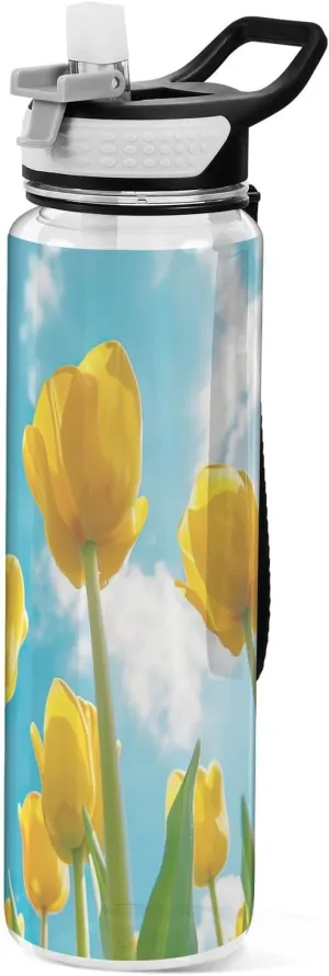 Kigai Transparent Sports Water Bottle 32oz, Yellow Tulips Leakproof Wide Mouth Water Bottle with Straw, BPA Free Water Jug with Detachable Strap & Handle for Fitness Gym Outdoor