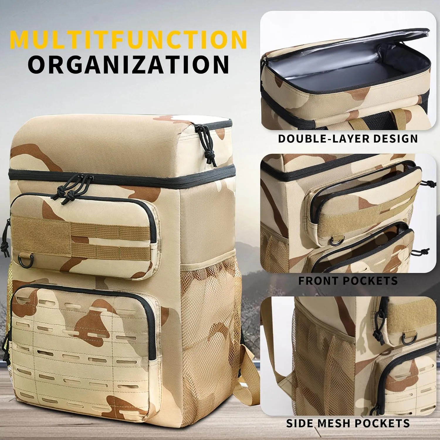 King'sGuard Tactical Backpack Cooler 30 Cans Soft Cooler Bag Heavy Duty Insulated Lunch Backpack for Men Leakproof Insulated Beach Picnic (DesertCamo)