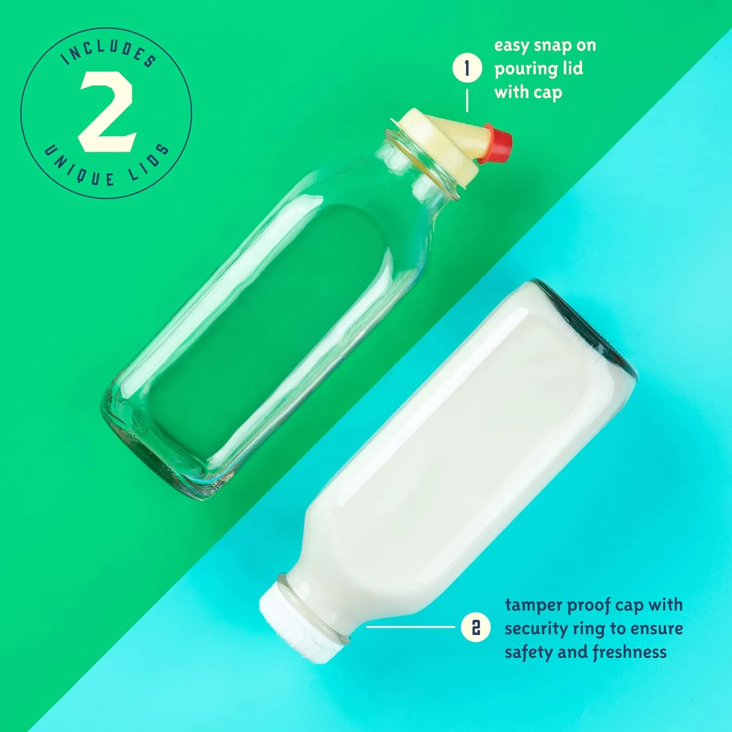 kitchentoolz 32 Oz Square Glass Milk Bottle with Lids - Perfect Milk Container for Refrigerator - 1 Liter Glass Milk Bottle with Tamper Proof Lid and Pour Spout - Pack of 1