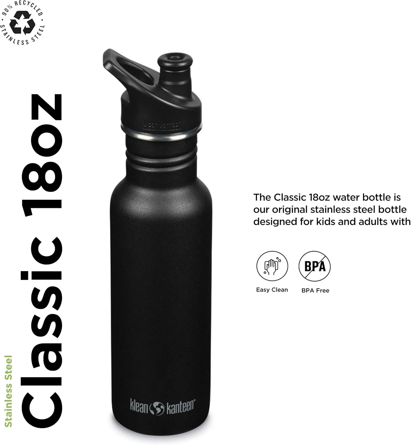 Klean Kanteen Classic Narrow Water Bottle with Sport Cap - Durable Stainless Steel Water Bottle - BPA-Free & Dishwasher-Safe - Black, 18 oz
