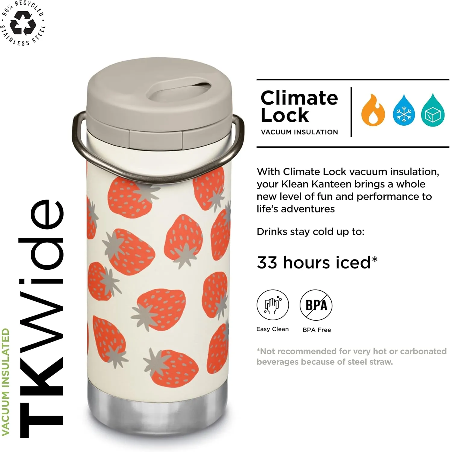 Klean Kanteen TKWide Insulated Water Bottle with Twist Cap - Portable Water Bottle with Steel Straw - Dishwasher-Safe Insulated Bottle - Strawberries, 12 oz