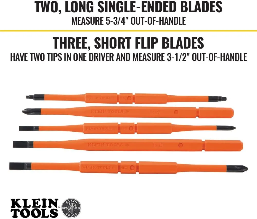 Klein Tools 32288 Insulated Screwdriver, 8-in-1 Screwdriver Set with Interchangeable Blades, 3 Phillips, 3 Slotted and 2 Square Tips