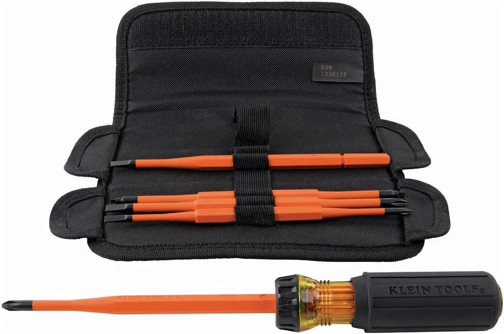 Klein Tools 32288 Insulated Screwdriver, 8-in-1 Screwdriver Set with Interchangeable Blades, 3 Phillips, 3 Slotted and 2 Square Tips